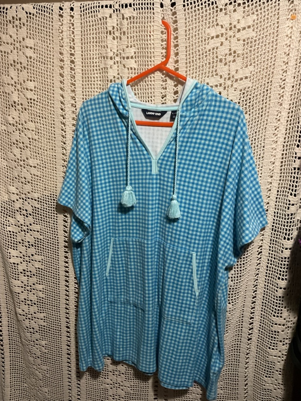 Land’s End Aqua Checked Terry Cloth Hooded Swim Suit Coverup L/XL